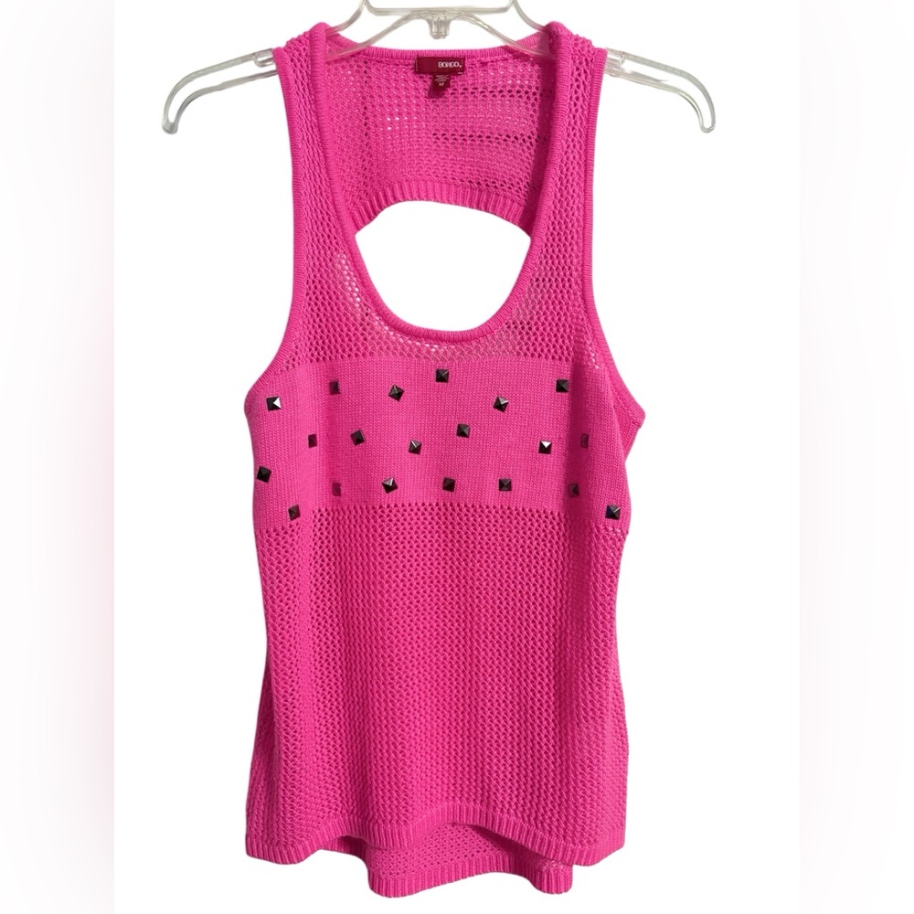 Hot Pink Bongo Studded Open Knit Sweater Tank Top | Size Med Keyhole Back